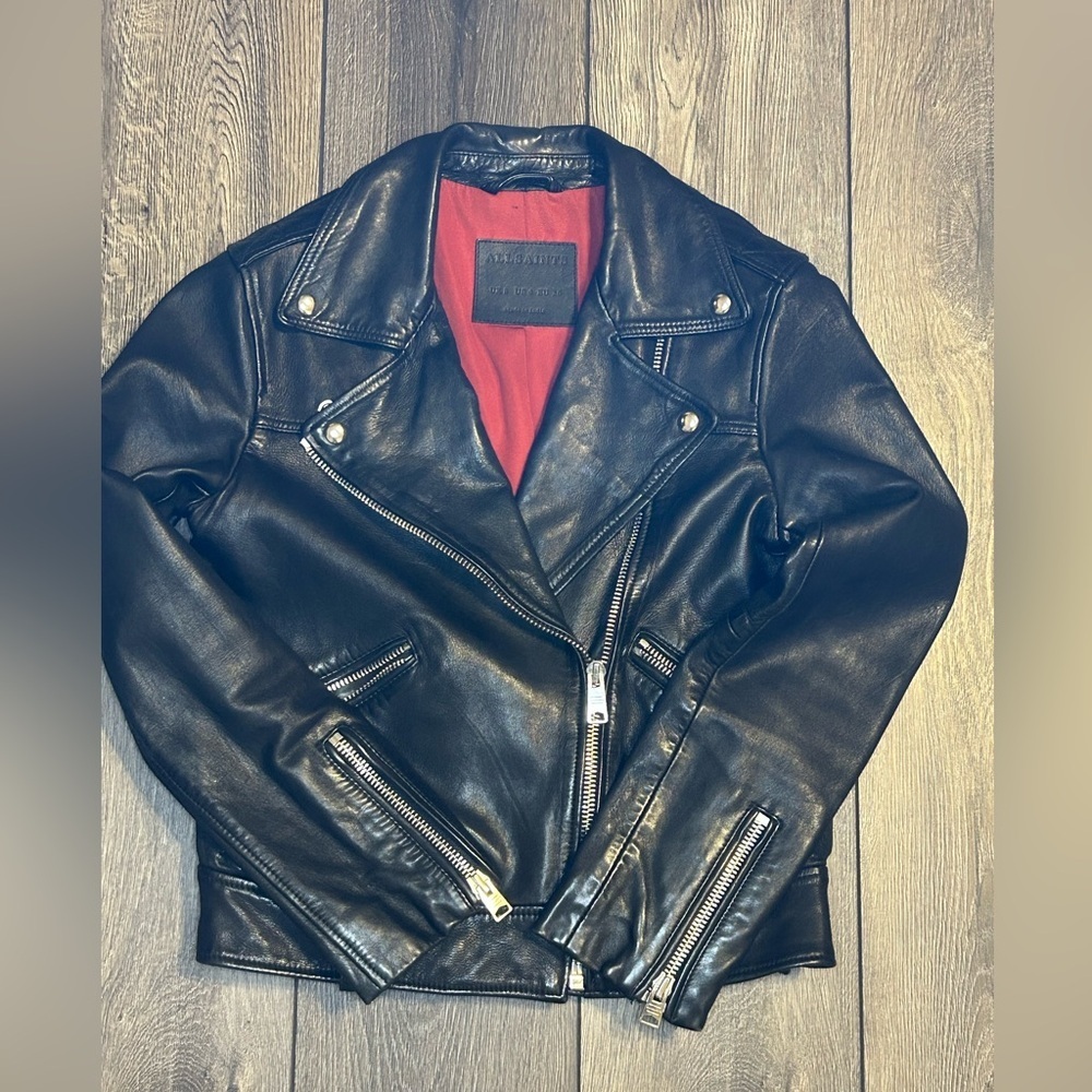 ALLSAINTS Black Sheep Leather Moto Biker Jacket Cropped Size 4 - Picture 13 of 16
